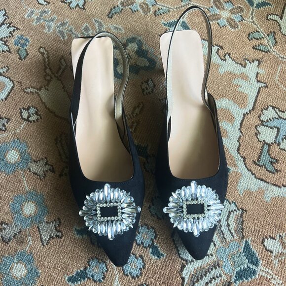 NWOT LaRosa Black Crystal Slingback Pointed Toe Heels - Picture 1 of 5